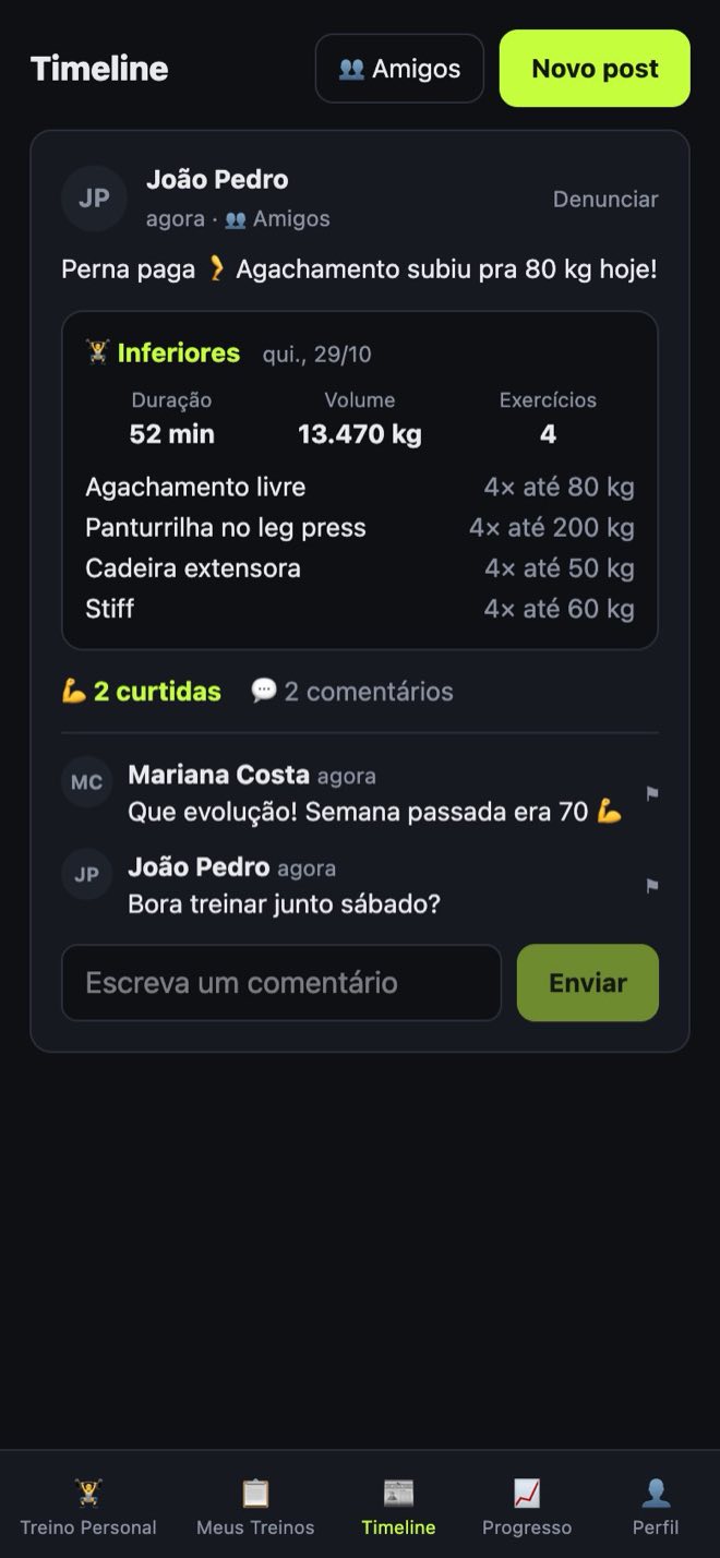 Timeline with João Pedro's post: a 52-minute lower-body workout, 13,470 kg of volume, the weight for each exercise, 2 likes and comments from friends